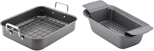 Rachael Ray Bakeware - Molde antiadherente para asar con estante reversible, 16.5 x 13.5 pulgadas, gris y para hornear pastel de carne/antiadherente