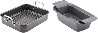 Bakeware Nonstick Roaster/Roasting Pan with Reversible Rack, 16.5 Inch x 13.5 Inch, Gray & Bakeware Meatloaf/Nonstick Baking Loaf Pan with Insert, 9 Inch x 5 Inch, Gray