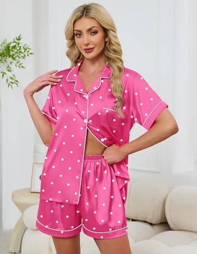 Image of Schbbbta Women Pajamas Set, 2 Pieces Satin Silk Button Down Pjs Short Sleeve Outfits Loungewear