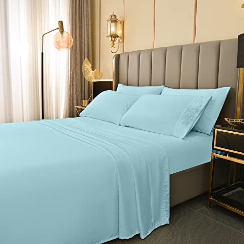 Lonava King Size Sheets Set - 6 Piece Set Wrinkle Free Hotel Luxury Oeko-Tex Sheets And Pillowcases Set, Silky Soft Microfiber Bed Sheets, Breathable And Elastic, 16-Inch Deep Pockets, Light Blue #TOP4