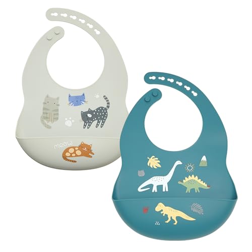 Little Rawr Baby Silicone Bibs 2 Sets Baby Bibs with Food Catcher for Girls Boys Toddlers BPA Free Adjustable Neck Band Waterproof Soft Durable (Gray-Blue)