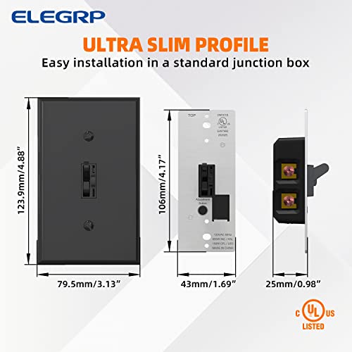 Elegrp Toggle Dimmer Switch For Dimmable Led, Cfl And Incandescent Light Lamp Bulbs, Single Pole Or 3-Way, Full Control With Preset, Rocker Paddle, Wall Plate Included, Ul Liste, 1 Pack, Glossy Black #TOP7