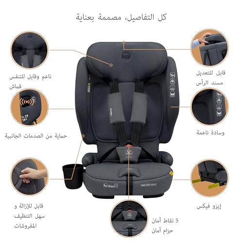 مقعد سيارة اي جينتو صغير الحجم ECER129 من نيوبريز، مسند راس قابل للتعديل، حماية من الصدمات الجانبية، ايزوفيكس وحبل علوي، صغير الحجم وقابل للطي والحمل، مجموعة 1/2/3 (حتى 12 سنة، 9-36 كغم)-رمادي