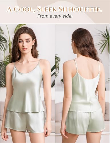 Image of THXSILK 100% Mulberry Silk Women Cami Pajama Set, Tank Top with Shorts Sleepwear, Adjustable Spaghetti Straps, Luxury Pj Set