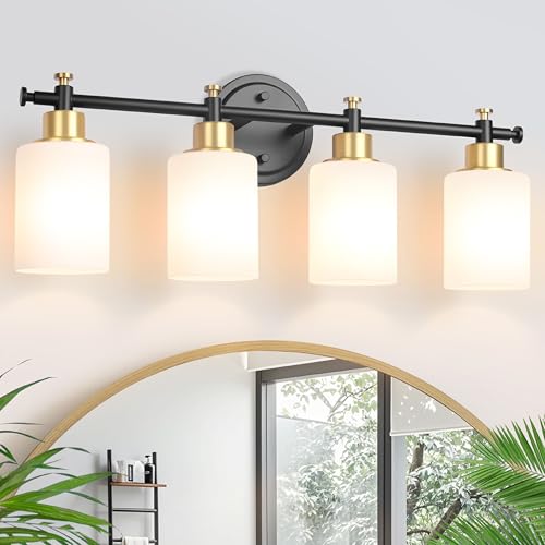 4-Light Bathroom Vanity Light, Modern Black and Gold Vanity Lights for Bathroom, White Frosted Glass Shades, Anti-Rust Vanity Light Fixture over Mirror, 23 Inch (Bulbs Not Included, E26 Base)