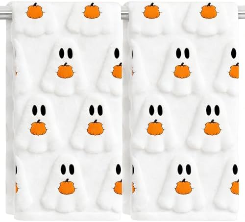 2 Pack Halloween Hand Towels 100% Cotton Jacquard Ghost and Pumpk...