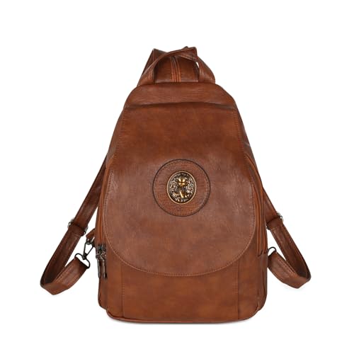 Relang Sling Bag for Women Crossbody, Leather Cross Body Fanny Packs for Women, Trendy Chest Bag for Travel and Daily Use Brown leather with vintage metal buckle decoration