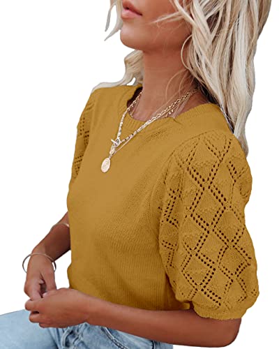 Womens Short Sleeve Sweaters Crewneck Knit Pullover Tops Casual Lightweight Crochet Blouse Shirt Yellow #TOP1