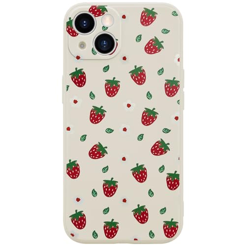Wihytec Cute Strawberry Floral Phone Case for iPhone 14 Strawberry Case Cover Liquid Silicone Soft Gel Rubber Durable Matt Phone Cover with Microfiber Lining Protective Cover