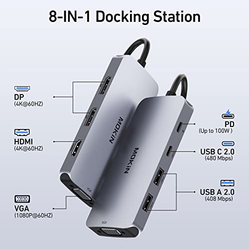 Usb C Docking Station Dual Displayport, 8 In 1 Usb C Hub With 2 Dp, Hdmi, Vga, Usb C 2.0, 2 Usb A 2.0, Pd Charging Port, Multi Monitor Adapter For Dell/Hp/Lenovo Laptops #TOP1