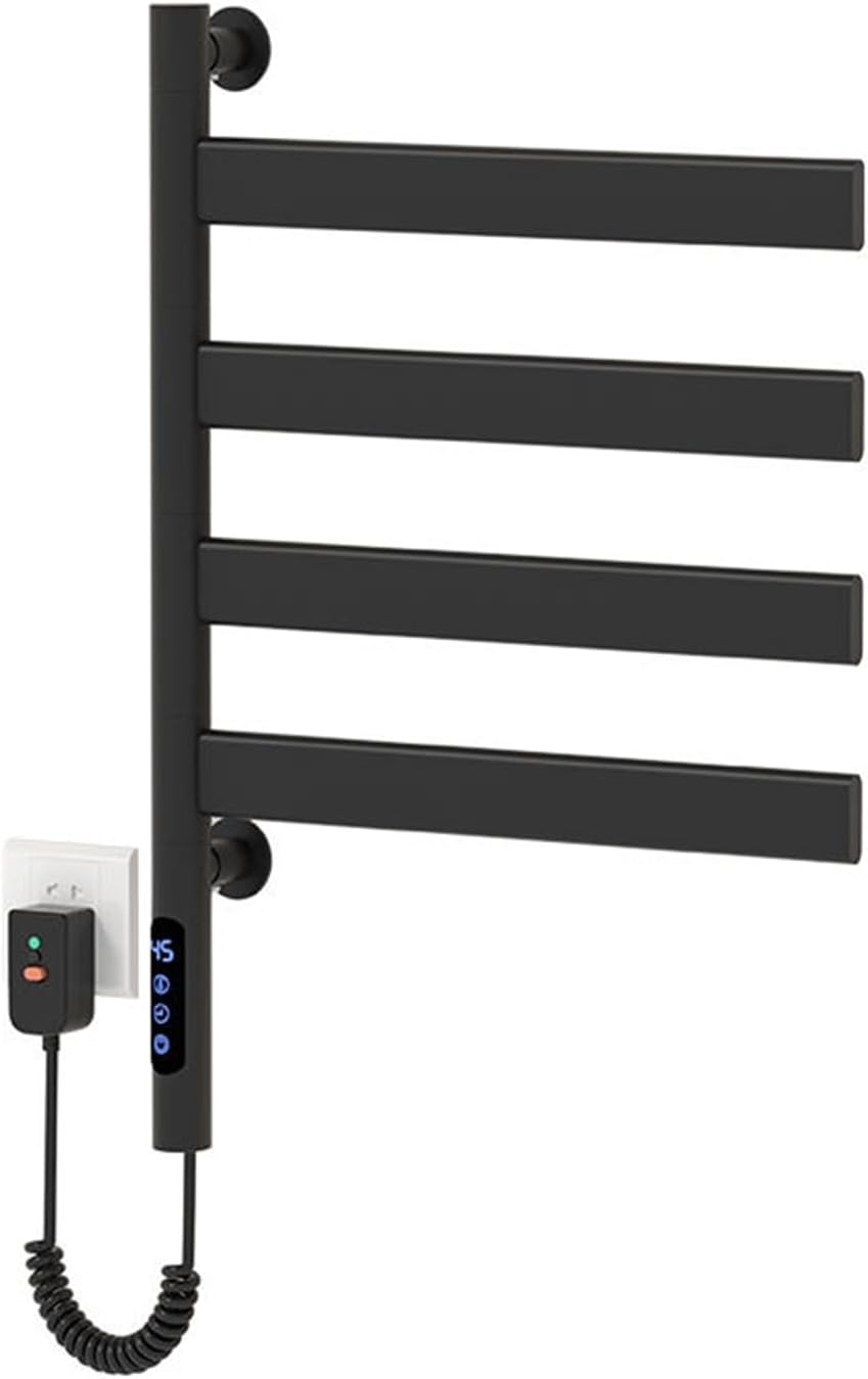 80W Heated Towel Rack 4-Tier Wall-Mounted Towel Warmer with LED Display IPX4 Waterproof 180° Rotatable 30-70℃ Temp Control & 1-9h Timer for Bathroom (Black)