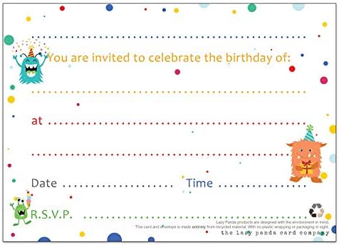 the lazy panda card company 20 Eco Friendly Monster Birthday Invitations for Children (With Blue Envelopes)