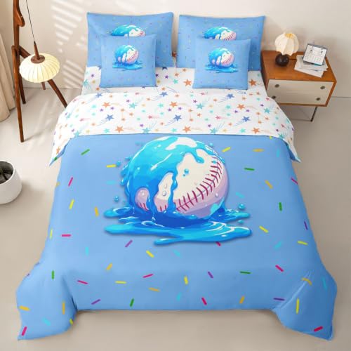 Loussiesd Juego de funda de edredón doble con sábanas para niños y niñas, juego de ropa de cama de 7 piezas con diseño de helados azules, ropa de cama deportiva en una bolsa, decoración de habitación