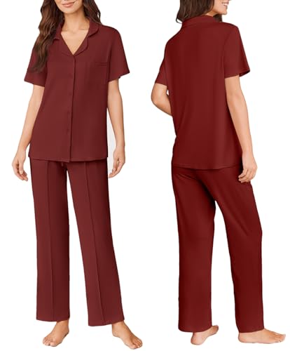 Image of Ekouaer Pajamas for Women Set Button Up Short Sleeve Pjs Sets With Pockets | Soft Womens Sleepwear,V Neck,Notch Collar,2 Piece Classic Loungewear With Long Pant for Sleep,Lounge,Fall