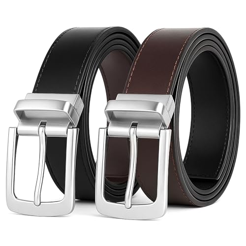 Image of Woodland Leathers Reversible Belts for Men 1.25" Wide Rotated Buckle, Faux Leather Mens Black Belt Two Sided Reversible for Suit Jeans