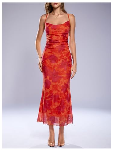 Image of SOLY HUX Women's Floral Mesh Bodycon Cami Dress Cowl Neck Sleeveless Cocktail Party Wedding Guest Long Maxi Dresses