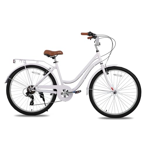 HH HILAND 26 in Women's Hybrid Bike for Adult, 7 Speed Step Through Hi-Ten Steel Frame City Commuter Beach Cruiser Bike, Hybrid Bicycle, Purple