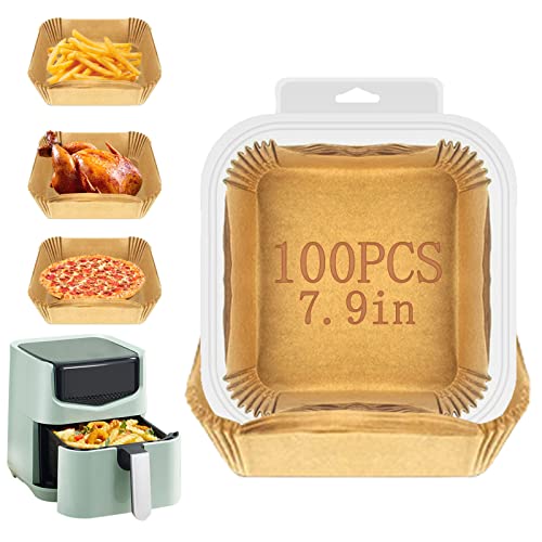 Air Fryer Disposable Paper Liner, Water Proof Oil Proof Airfryer Liners, Non-stick Food Grade Parchment Baking Paper for Microwave Oven, Frying Pan (7.9 inch square 100pcs)