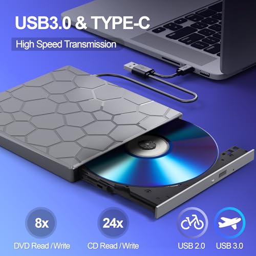 Image of BPAKDU External CD /D1VD Drive for Laptop, DVD Player for Laptop, 8 in 1 USB 3.0 Ultra-Slim Portable (gunmetalgrey)