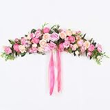 Lvydec Artificial Rose Flower Swag, 25 Inch Decorative Swag with Pink Roses, Green Leaves and Silk Ribbon for Wedding Arch Front Door Wall Decor