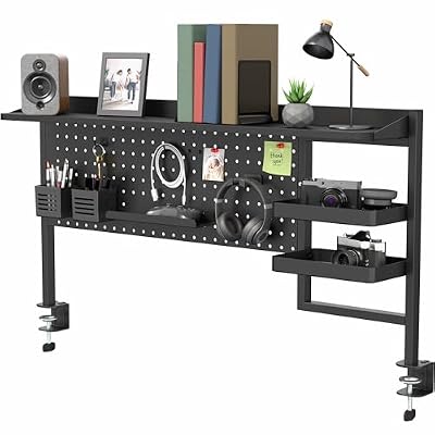 VIVO Steel Clamp-on 46 x 25 inch Desk Pegboard System with Storage Shelf and Accessory Trays, Multi-Purpose Office Organizer, Black, PP-PBSF46