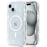Pepmune iPhone 15 用 ケース キラキラ ラメ カバー 韓国 かわいい 可愛い ウェーブ 半透明 MagSafe対応 ワイヤレス充電対応 耐衝撃 人気 シンプル 滑り止め マグネット搭載 ストラップホール付き スマホケース (クリア)