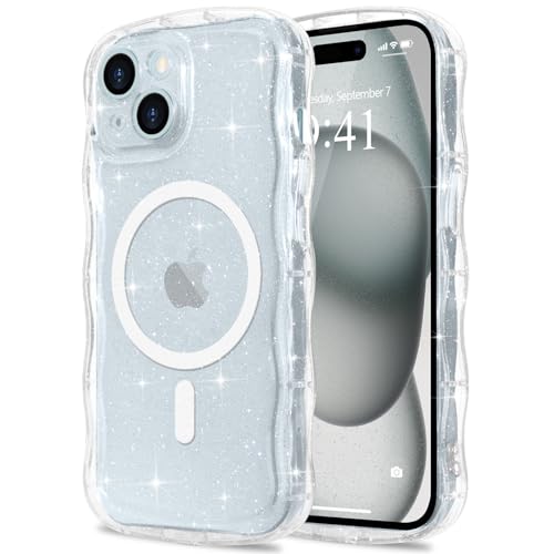 Pepmune iPhone 15 用 ケース キラキラ ラメ カバー 韓国 かわいい 可愛い ウェーブ 半透明 MagSafe対応 ワイヤレス充電対応 耐衝撃 人気 シンプル 滑り止め マグネット搭載 ストラップホール付き スマホケース (クリア)