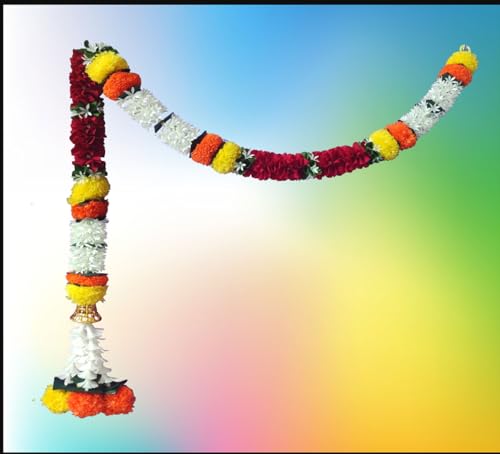 Image of Artificial White Gajra Jasmine & Colourful Flower Strings for Wedding Decorations, Event Decor Perfect for Diwali, Ganpati & Pooja /Temple /Mandir Decoration, 5ft (6, Pink-Marigold - 5ft)