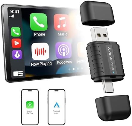 Ambrane 2 in 1 Wireless CarPlay & Android Auto Adapter | Convert Wired to Wire-Less CarPlay/Android-Auto | Plug & Play USB Dongle | Bluetooth 5.4 + Dual-Band Wi-Fi | Works with iPhone & Smartphone