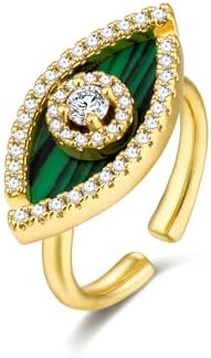Gold Natural Stone Dramatic FULLY ADJUSTABLE Open Evil Eye Statement Ring with CZ Diamond for Women by SNGIA (Malachite, Turquoise), Summer Beach Unique Handmade Chunky Flower Protection Good Luck Charm Ring, Exaggerated Gemstone Stackable Wedding Date Birthday Gift, Irregular Trendy Jewelry, Textured Patterned Fashion Accessories, Vintage Nickle Free Gifts. (Yellow Gold, Malachite)