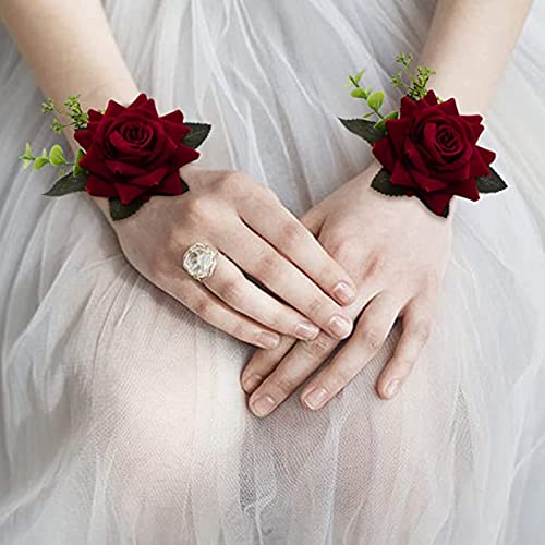 CRASPIRE 2PCS Wedding Wrist Flower Wine Red Artificial Floral Wrist Corsage Bridal Rose Leaf Silk Ribbon Hand Flowers for Bride and Bridesmaid Festival Prom Engagement - Image 4
