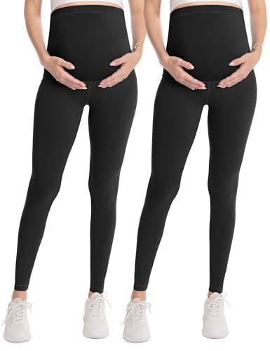 WELL&JUST Maternity Over Belly Leggings, 2 Packs Soft Support Yoga Tights Pants, M