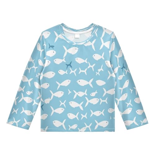 Boys Rash Guard Swim Shirt Long Sleeve UPF+ 50 Sun Shirts Quick Dry Shirt White Fish for Toddler Kids