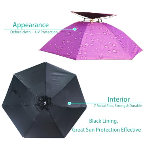 Bocampty Umbrella Hat, 37 inch Fishing Umbrella Hat Hands Free Foldable UV Protection Umbrella Cap Adjustable Headwear for Fishing Golf Gardening Sunshade Outdoor Purple