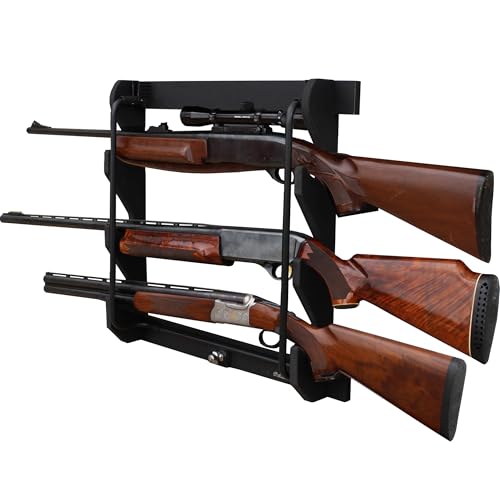 Rush Creek Creations Indoor Wood Gun Rack for 3 Rifles or Shotguns, Wall Mount Gun Display Rack with Metal Locking Bar for Secure Gun Storage, Stores and Displays up to 3 Firearms, Black