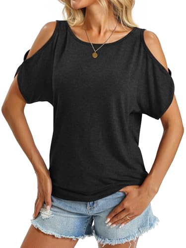 Easygala Womens Summer Cold Shoulder Tops Banded Bottom Short Sleeve Shirts | Off Shoulder, Boat Neck, Loose Fit Tee, Sexy Casual, Cute Top, Going Out Blouse, Half Sheeve, Daliy Wear, Vacation, Work #TOP1
