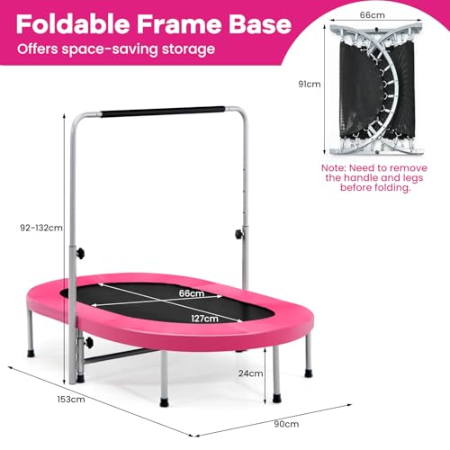 GYMAX Foldable Kids Trampoline, 60” Fitness Rebounder with 92-132cm Height Adjustable Handle, Indoor Outdoor Exercise Trampolines for 2 Toddlers Parent-Child, Max Load 150kg (Pink) - Image 5