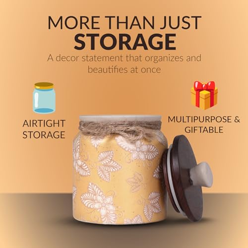 Image of Ceramic Storage Jar with Lid | Multipurpose Kitchen Storage Container for Pickle, Spices, Sugar, Tea & Snacks | Durable Airtight Canister for Home & Office (1, Yellow, Pack of 1)