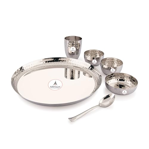 Image of Arham Stainless Steel Dinner Set | 6 Pcs (Big 1 Set) | Premium Heavy Weight Hammered Dinner Set for Gift | 6 Pcs (1 Plate, 1 Halwa Plate,2 Bowl /Wati, 1 Glass, 1 Spoon) | Premium DinnerWare