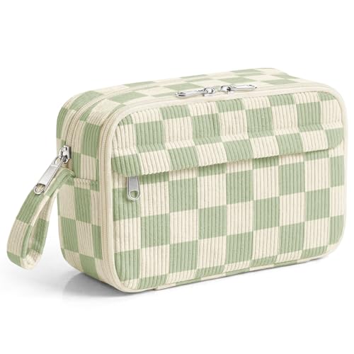 Image of WOBAGMEN Cute Pencil Case,Large Corduroy Zippered Pencil Case Pouch, Aesthetic Pencil Bag with Compartments, Pencil Pouch School Supplies (Green checked)