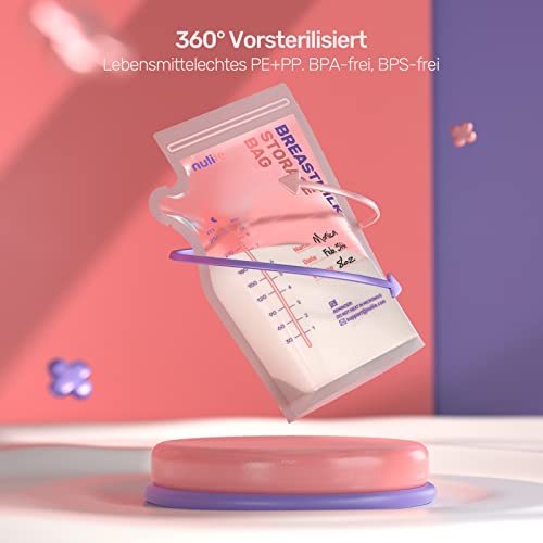 Nuliie 50 Stück Muttermilchbeutel, 250ml BPA-frei Muttermilch Aufbewahrung bag, Milchbeutel für Muttermilch mit Ausgießer für das Stillen, Selbststehender, Kann Eingefroren Werden, Platzsparendes