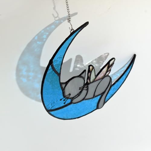 Velasyart Schlafende Katze Mond Buntglas Gedenk-Sonnenfänger Grau