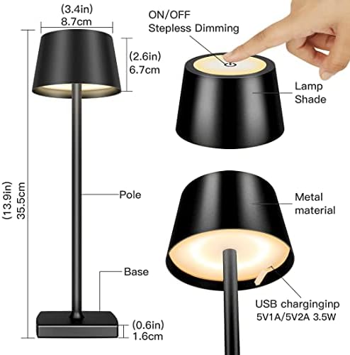 Cordless Table Lamp, 5200mAh Rechargeable Battery Powered Desk Lamp, IP54 Waterproof Metal Outdoor Table Lamp for Camp Picnic Restaurants Bars Garden Patio Bedroom Bedside living room Party (Black)