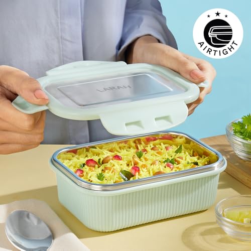 Image of Larah by BOROSIL Freshbyte Food Storage Container with Airtight Stainless Steel Lid | Fridge Container for Lunchbox | Food Grade | Microwave Safe (Green, 400 ml, Rectangular)