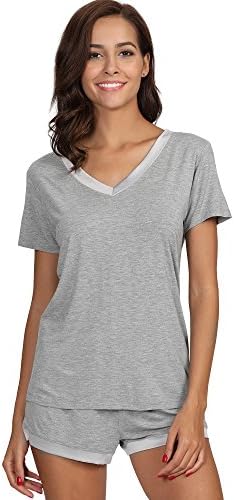 GYS Pajama Set for Women Short Sleeve Sleepwear Silky Soft Bamboo Pjs Shorts Set 2-Piece V-Neck Nightwear, Heather Grey, Small