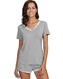 GYS Pajama Set for Women Short Sleeve Sleepwear Silky Soft Bamboo Pjs Shorts Set 2-Piece V-Neck Nigh