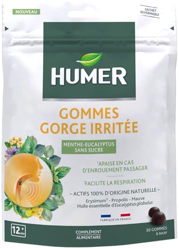 Humer - Gommes gorge irritée Menthe Eucalyptus - Apaise en cas d'enrouement passager - Actifs 100% d'origine naturelle - Sans sucre, sans lactose, sans gluten - 30 gommes