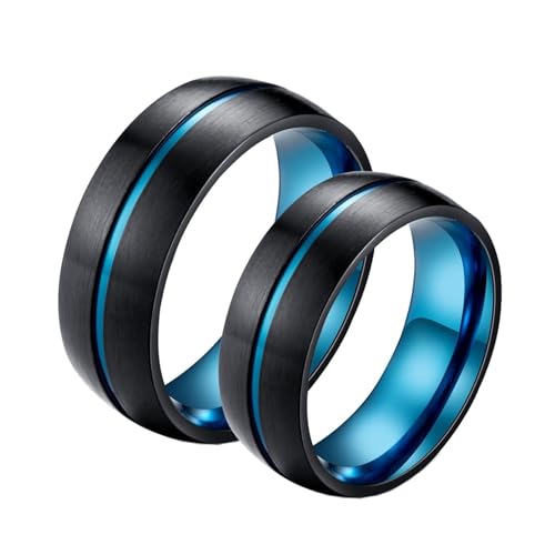 Bague alliance noir et bleu en acier inoxydable brossé mat de 8mm pour le couple