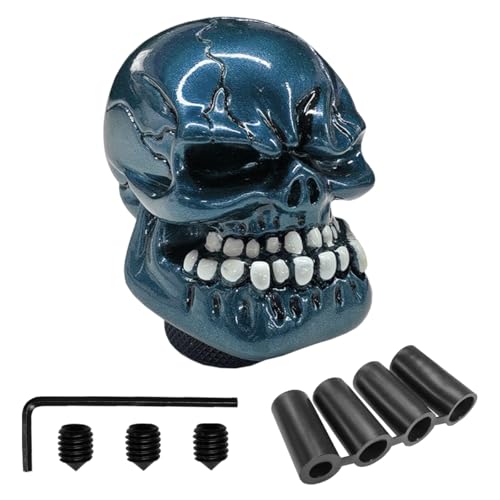 Deaelf Skull Car Gear Shift Knob, Resin Big Tooth Skull Transmissions Shifting Lever Handle with Adapters, Vehicle Stick Shifter Decoration Accessories for Most Manual Automatic Cars (Blue)