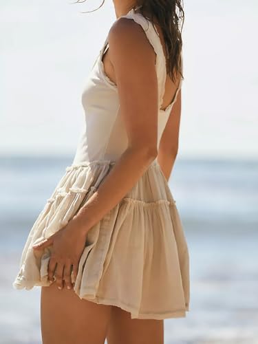 Womens Summer Sleeveless Sun Dresses Drop Waist Boho Casual Beach Mini Sundress Apricot3